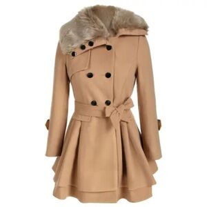 Chic Tan Trench Coat with Faux Fur Collar